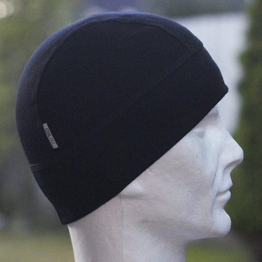Chil Eez 100% Merino Beanie displayed on a mannequin head, designed for comfort under helmets or caps with flat seam stitching to prevent pressure points, ideal for safety and outdoor work environments.