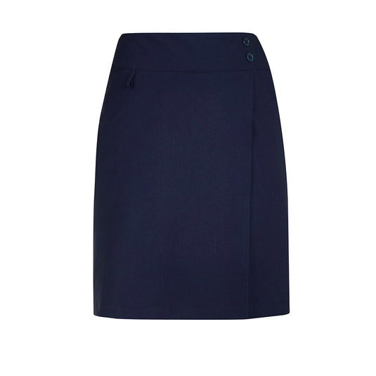 Biz Womens Comfort Waist Skort, designed for functional roles, features a knee-length cut, hidden shorts, and a wide waistband, ideal for workplace uniforms with a practical side pocket and concealed back zip.