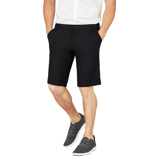 Biz Mens Comfort Waist Cargo Short featuring a subtle elastic waistband, straight leg cut above the knee, two front pockets, and a key loop, ideal for functional workplace roles.