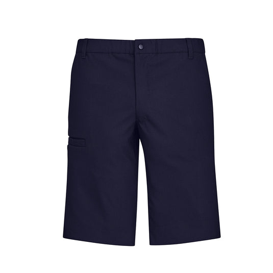Biz Mens Comfort Waist Cargo Short, featuring a straight leg design finishing just above the knee, elastic waistband, angled side pockets, and a Velcro-closure welt pocket, ideal for active workplace roles.