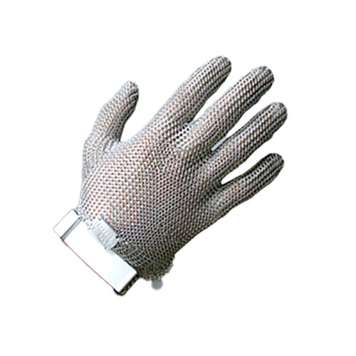 Protec Chain Mesh Glove, a close-up view showcasing its intricate mesh design, highlighting safety features like the tried-and-tested press-stud for perfect fitting and easy band replacement, ideal for workplace safety.