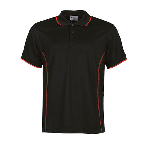 Essentials Men's Short Sleeve Polo featuring a red-trimmed, striped collar and cuffs, crafted from 100% polyester Breezeway Pique Knit for comfort and durability, ideal for active and safety-conscious environments.