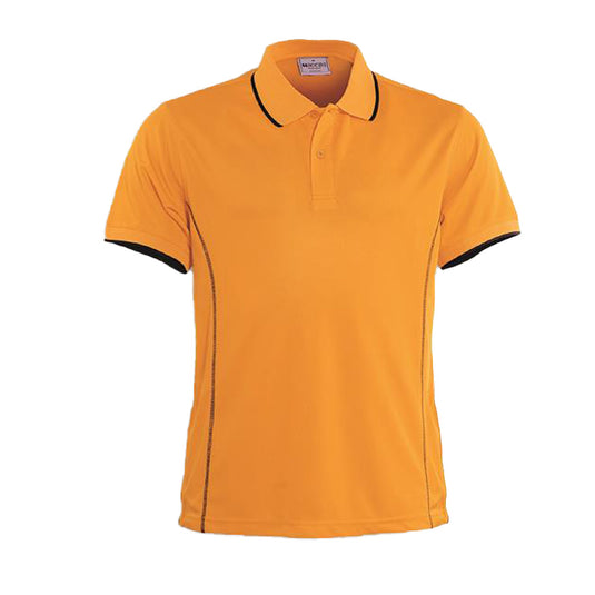 Essentials Men's Short Sleeve Polo, featuring a black-trimmed collar and cuffs. Crafted from Breezeway Pique Knit fabric with sun protection and antibacterial coating for optimal safety and comfort in active environments.