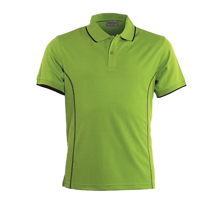 Load image into Gallery viewer, Essentials Men's Short Sleeve Polo featuring a stylish design with black trim and striped collar, crafted from 100% polyester Breezeway Pique Knit fabric, ideal for active and safety-conscious wear.