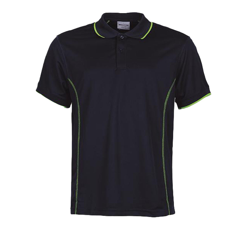 Load image into Gallery viewer, Essentials Men's Short Sleeve Polo featuring a black body with green trim, striped collar and cuffs, and a button detail. Made from 100% polyester pique knit fabric with sun protection.