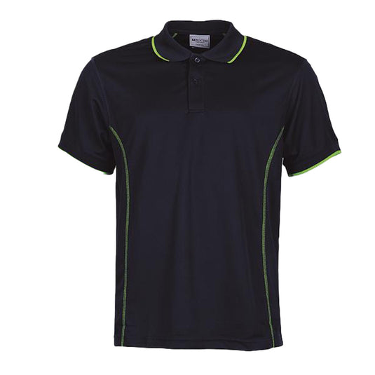 Essentials Men's Short Sleeve Polo featuring a black body with green trim, striped collar and cuffs, and a button detail. Made from 100% polyester pique knit fabric with sun protection.