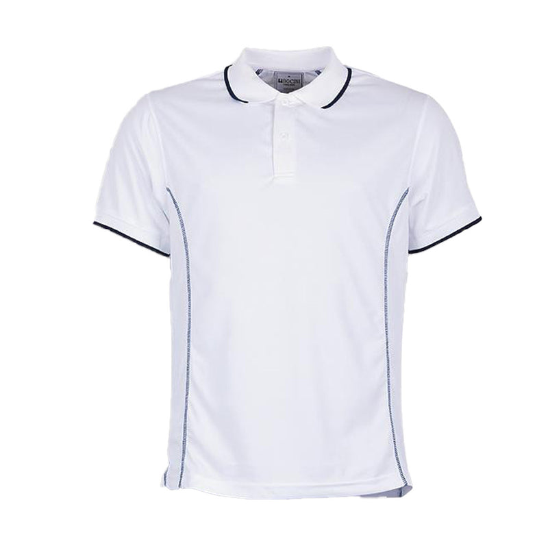 Load image into Gallery viewer, Essentials Men's Short Sleeve Polo featuring a blue stripe, striped collar, and cuffs. Made from 100% polyester Breezeway pique knit fabric, offering sun protection and antibacterial properties, ideal for active safety workwear.