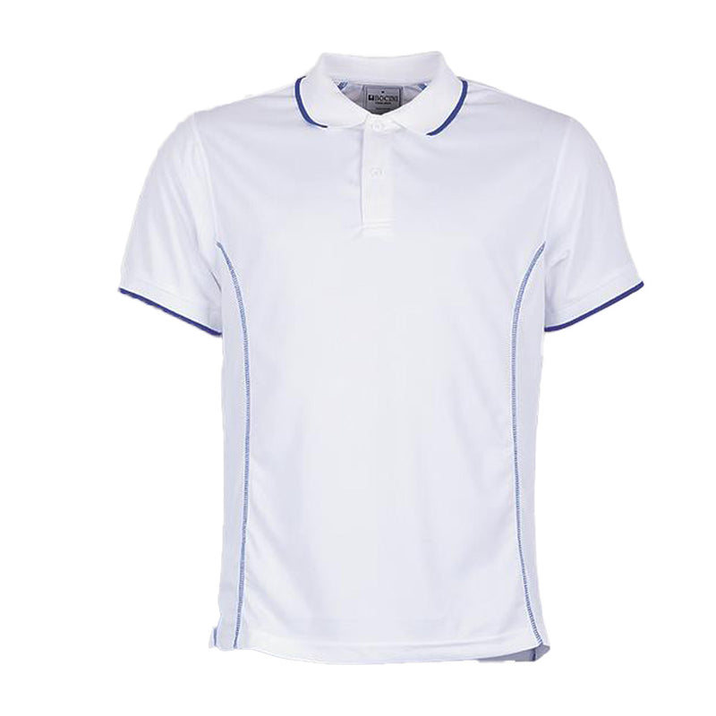Load image into Gallery viewer, Essentials Men's Short Sleeve Polo featuring blue trim and striped collar, crafted from 100% polyester breezeway pique knit fabric. Ideal for active safety environments, providing sun protection and antibacterial properties.