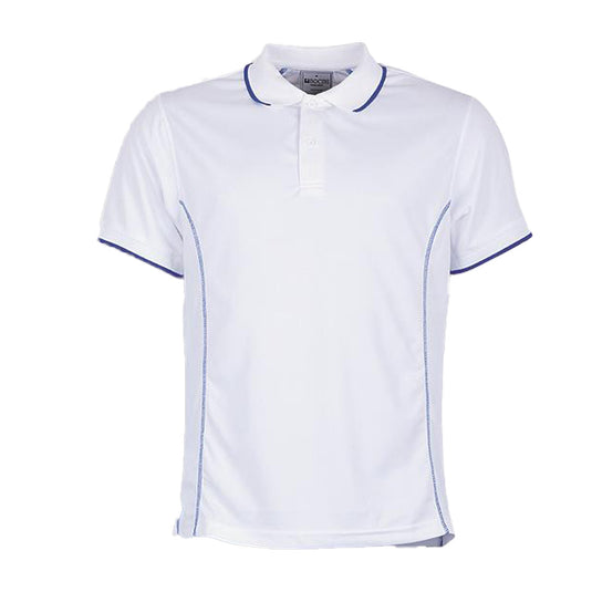 Essentials Men's Short Sleeve Polo featuring blue trim and striped collar, crafted from 100% polyester breezeway pique knit fabric. Ideal for active safety environments, providing sun protection and antibacterial properties.