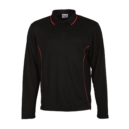 Essentials Unisex Long Sleeve Polo featuring red piping and a striped contrast collar, crafted in 100% polyester breezeway pique knit fabric, ideal for safety and workplace settings.