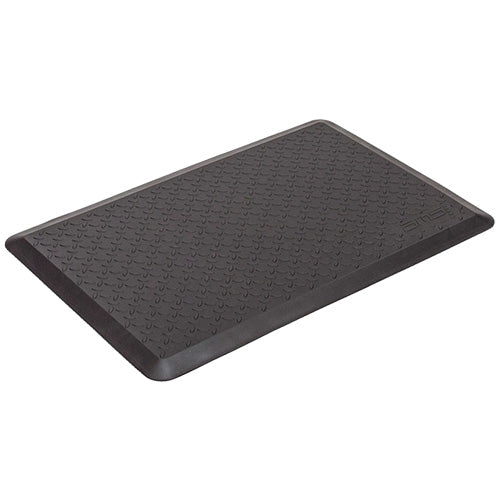 Comfort Pro Ergonomic Anti-Fatigue Mat: 910 x 610mm, features a black rectangular design with a textured pattern, ideal for reducing strain at workstations, enhancing safety with beveled edges, and offering superior comfort.