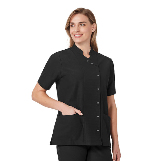 Biz Womens Essence Jacket with asymmetrical front and ring-snap fastener, featuring a mandarin collar and short sleeves. Designed for comfort and functionality in medical and beauty industries.