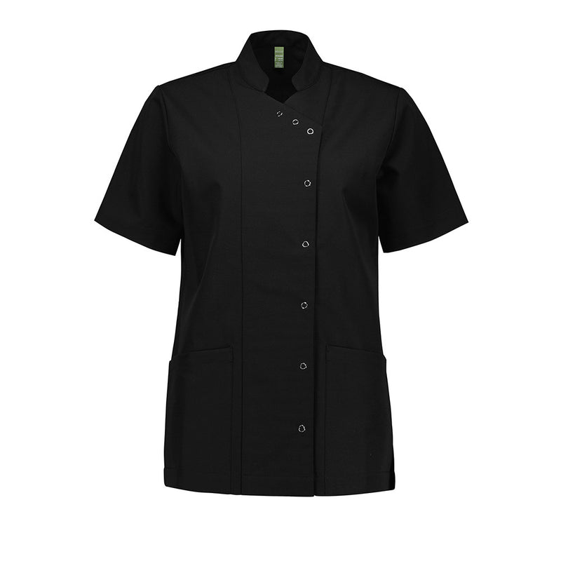 Load image into Gallery viewer, Biz Womens Essence Jacket with a modern, streamlined short-sleeve design, featuring an asymmetrical front for extra coverage, ring-snap closure, and mandarin collar, ideal for medical and professional settings.