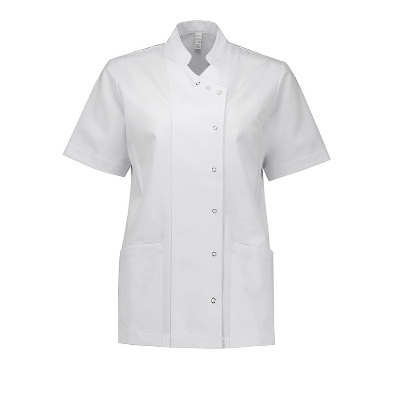 Load image into Gallery viewer, Biz Womens Essence Jacket features a modern, functional design with a mandarin collar, asymmetrical front, and ring-snap closure, ideal for professionals in beauty, dentistry, pharmacy, and medical fields.