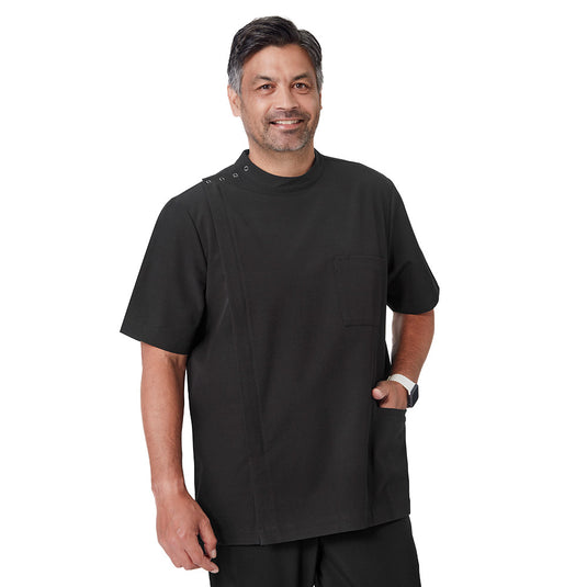 Biz Mens Essence Jacket with a sleek band collar, asymmetrical front zip, and patch pocket. Designed for comfort and utility, featuring a relaxed fit and durable water-repellent finish.