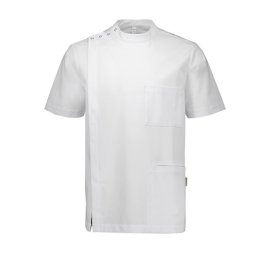 Biz Mens Essence Jacket with a relaxed fit, featuring an asymmetrical front zip, ring-snap fastener, band collar, and chest pocket with pen partition, designed for versatility and comfort in professional settings.