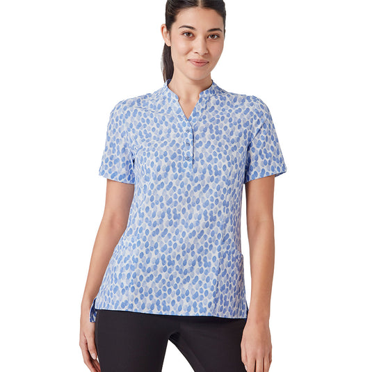 Biz Womens Florence Stardust Print Tunic features a Y-neck with mandarin collar, triangle cut-out sleeves, and two deep front pockets, designed for comfort, style, and ease of movement.