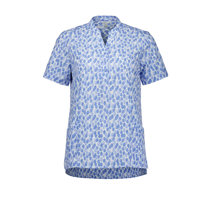 Load image into Gallery viewer, Biz Womens Florence Stardust Print Tunic, features a Y-neck with mandarin collar, side splits, durable deep pockets, and triangle sleeve cut-outs, offering style and comfort for diverse workplace environments.