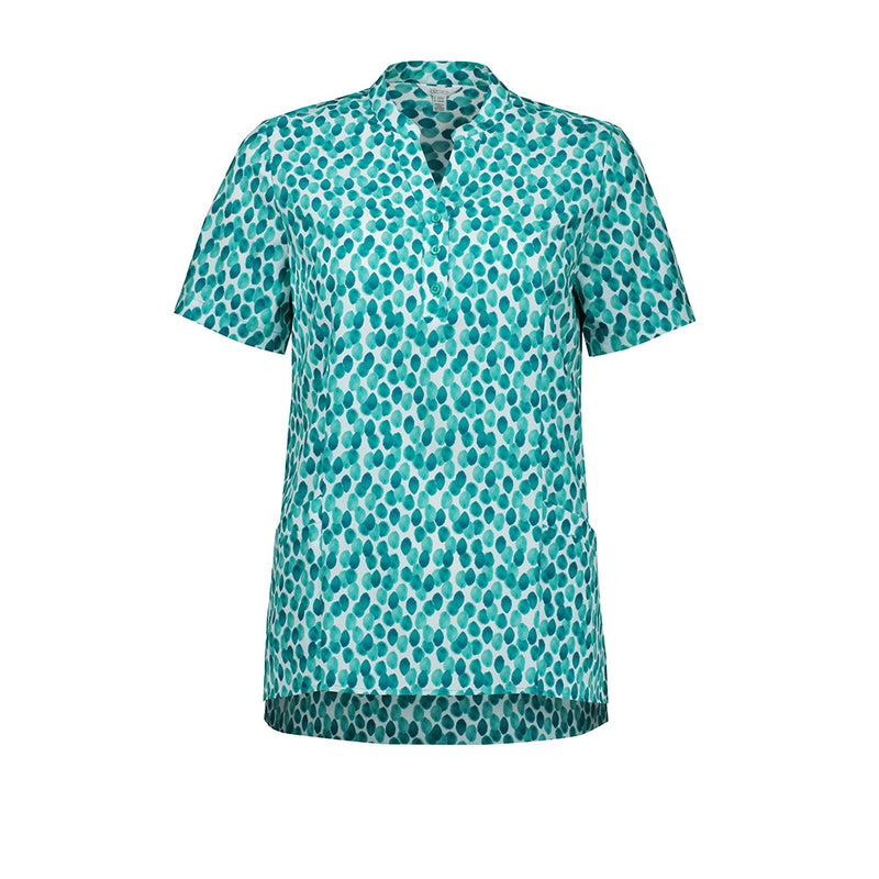 Load image into Gallery viewer, Biz Womens Florence Stardust Print Tunic featuring a flattering Y-neck and mandarin collar, two durable front pockets, side splits, and triangle cut-out sleeves, designed for comfort and versatile movement.