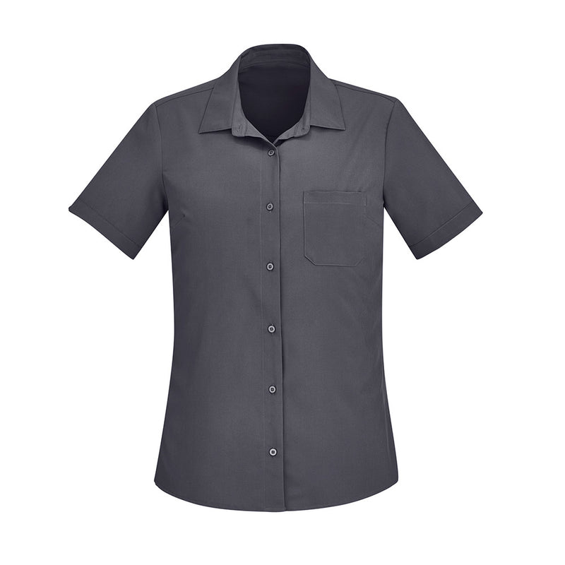 Load image into Gallery viewer, Biz Women's Florence Short Sleeve Shirt features a collared, grey short-sleeve design with a pocket and hidden bust button, offering a blend of comfort and style suitable for workplace settings.