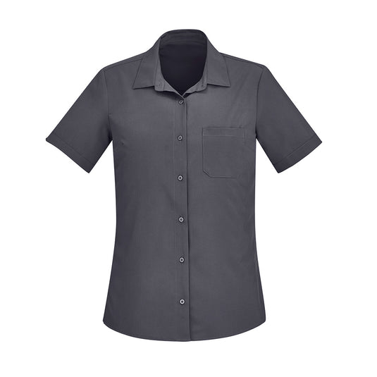 Biz Women's Florence Short Sleeve Shirt features a collared, grey short-sleeve design with a pocket and hidden bust button, offering a blend of comfort and style suitable for workplace settings.