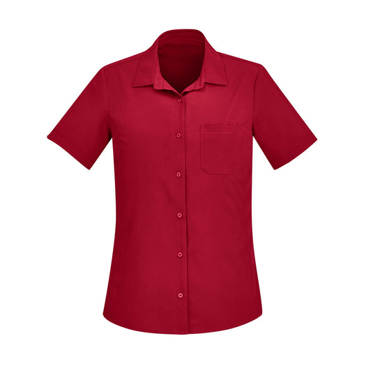 Biz Women's Florence Short Sleeve Shirt featuring a collar, pocket, and button details, crafted from breathable, lightweight fabric for style and comfort, suitable for workplace settings.