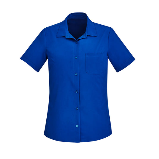 Biz Women's Florence Short Sleeve Shirt showcasing a stylish, collared design with breathable fabric, perfect for active work environments. Ideal for professionals seeking comfort and functionality in workplace attire.