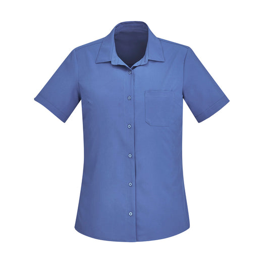 Biz Women's Florence Short Sleeve Shirt, featuring a collar, short sleeves, and button detailing, designed for comfort and functionality with breathable, lightweight fabric. Ideal for professional settings and everyday wear.