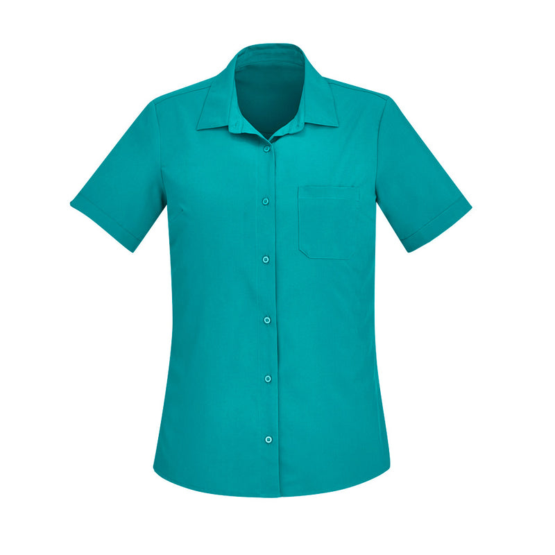 Load image into Gallery viewer, Biz Women's Florence Short Sleeve Shirt, featuring a collared design and short sleeves. Made from breathable, lightweight polyester-elastane blend, ideal for active safety environments with its functional, easy-care fabric.