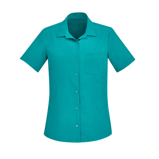 Biz Women's Florence Short Sleeve Shirt, featuring a collared design and short sleeves. Made from breathable, lightweight polyester-elastane blend, ideal for active safety environments with its functional, easy-care fabric.