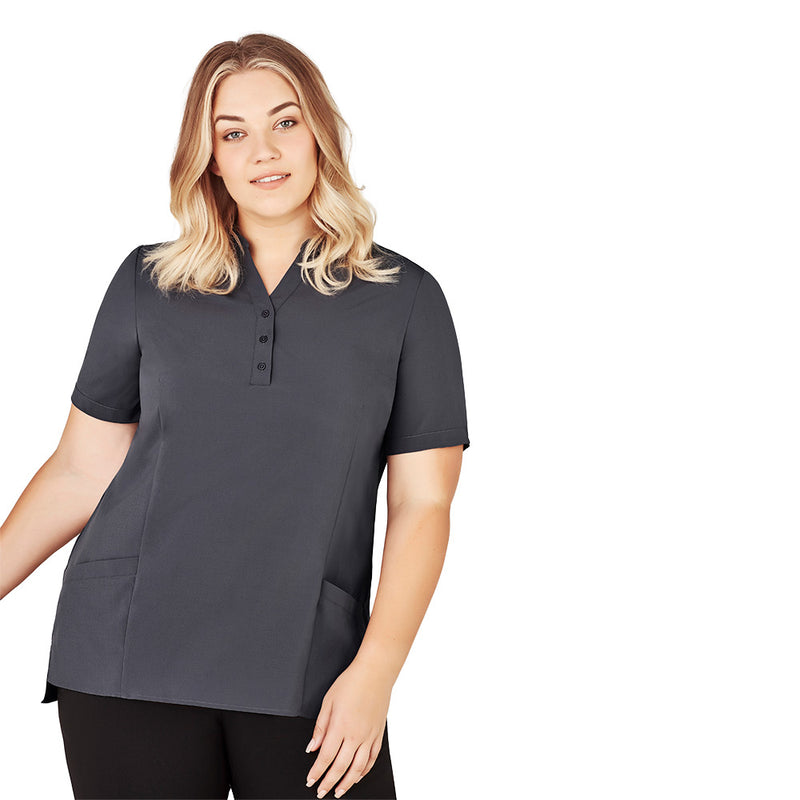 Load image into Gallery viewer, Biz Womens Florence Plain Tunic showcasing a Y-neck mandarin collar, triangle sleeve cut-outs, side splits, and deep front pockets, designed for comfort and ease with a straight longer back hemline.