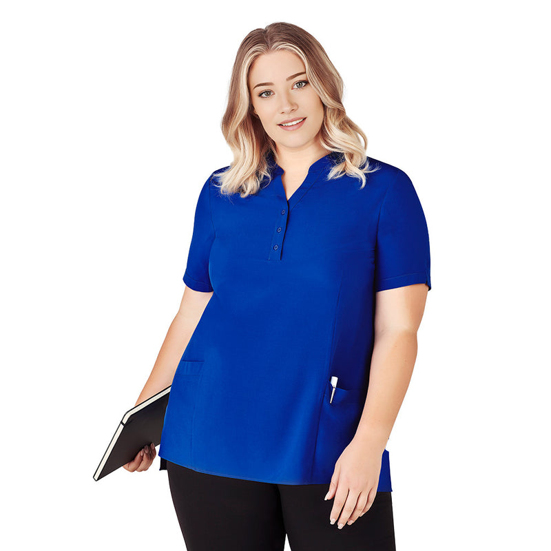 Load image into Gallery viewer, Biz Womens Florence Plain Tunic featuring a Y-neck mandarin collar, triangle sleeve cut-outs, deep front pockets, and longer hemline, ideal for versatile workwear in diverse climates.