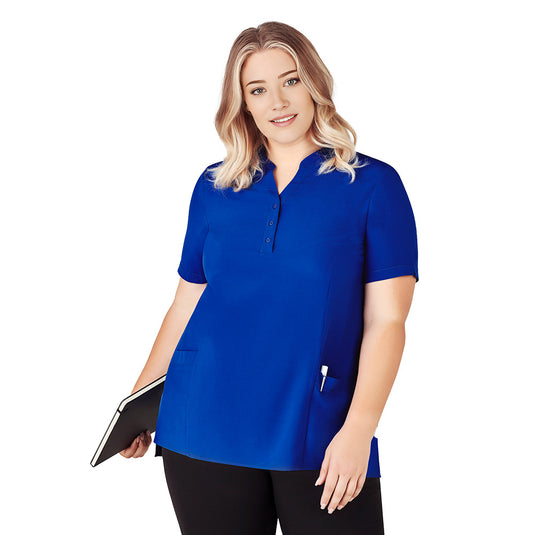 Biz Womens Florence Plain Tunic featuring a Y-neck mandarin collar, triangle sleeve cut-outs, deep front pockets, and longer hemline, ideal for versatile workwear in diverse climates.