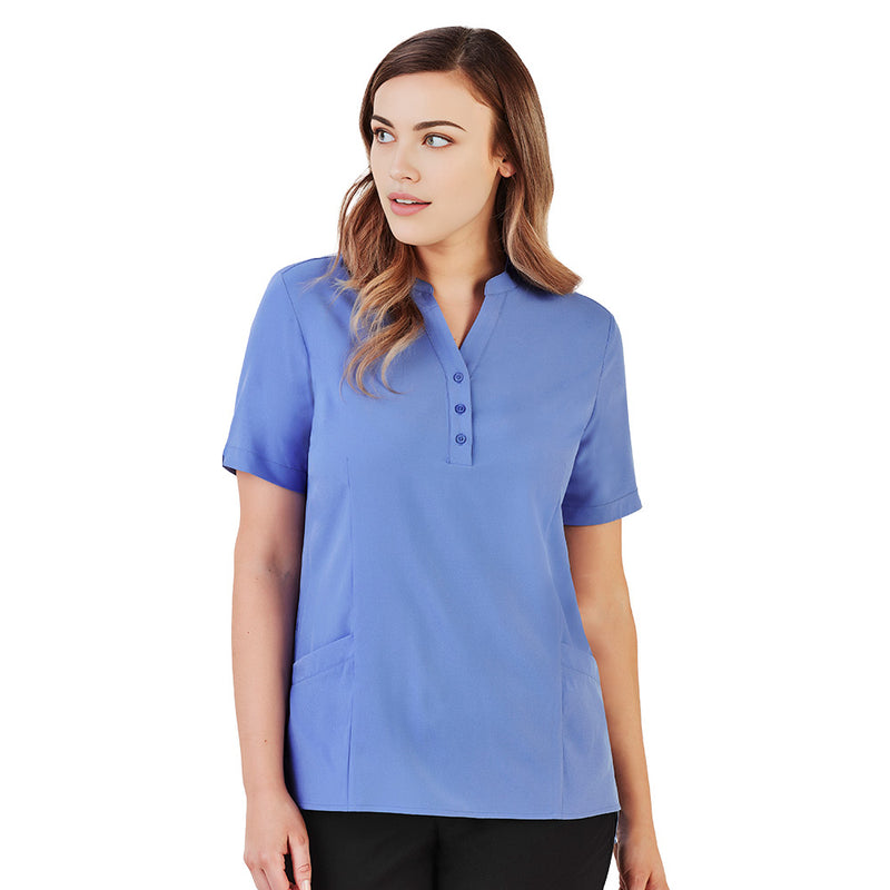 Load image into Gallery viewer, Biz Womens Florence Plain Tunic features a stylish Y-neck with mandarin collar, deep front pockets, and triangle sleeve cut-outs, perfect for versatile workwear.