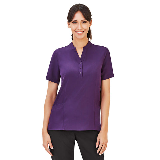 Biz Womens Florence Plain Tunic: Features a Y-neck with mandarin collar, triangle sleeve cut-outs, deep front pockets, longer hemline, and princess seams for a flattering fit. Ideal for active safety workwear.