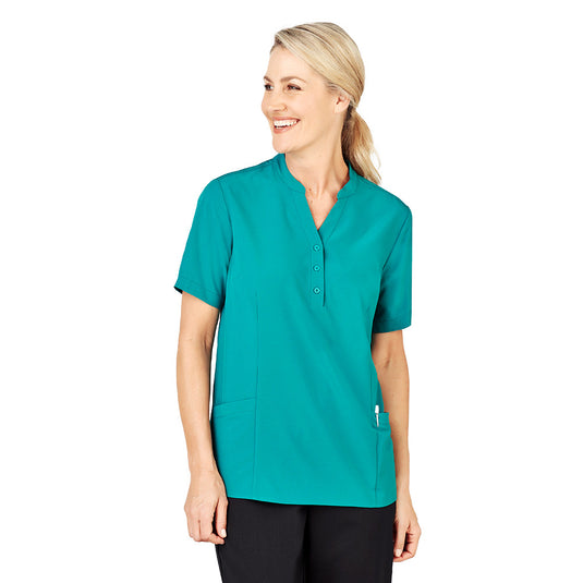 Biz Womens Florence Plain Tunic features a Y-neck with mandarin collar, long hem, side splits, and triangle sleeve cut-outs. Includes deep front pockets, perfect for versatile workwear.