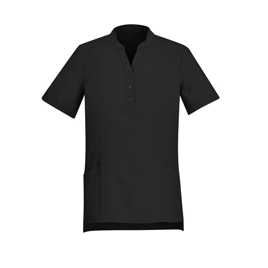 Biz Womens Florence Plain Tunic features a Y-neck mandarin collar, triangle sleeve cut-outs, longer hem, side splits, and deep pockets, designed for style and comfort in active workplace settings.