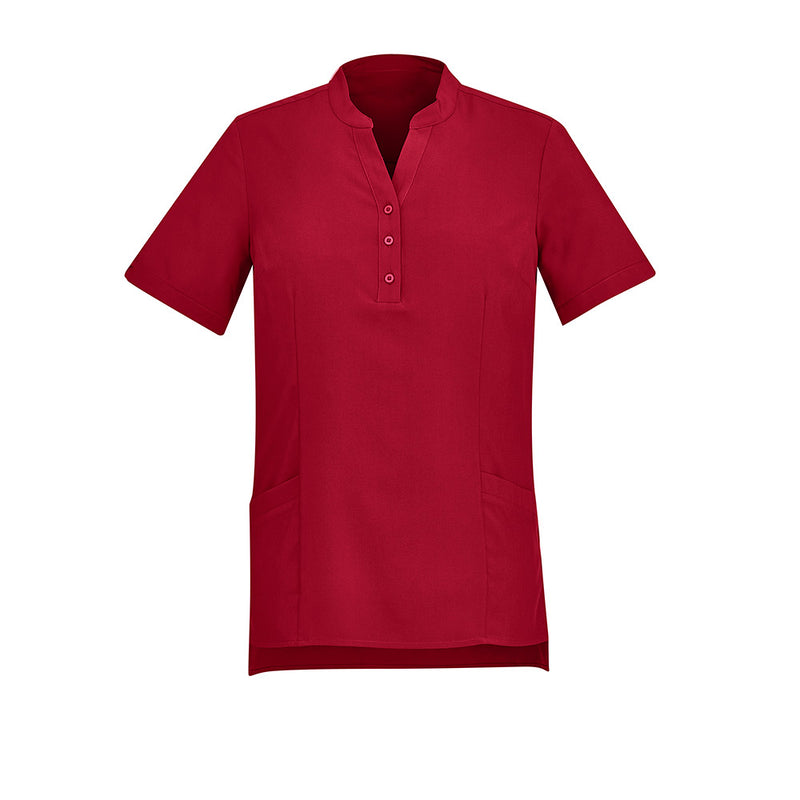 Load image into Gallery viewer, Biz Womens Florence Plain Tunic featuring a flattering Y-neck with mandarin collar, longer hem with side splits, and durable front pockets. Ideal for active comfort and style in workplace settings.