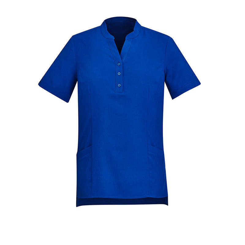 Load image into Gallery viewer, Biz Womens Florence Plain Tunic features a Y-neck with mandarin collar, triangle sleeve cut-outs, deep front pockets, and a straight longer back hemline, ideal for stylish workplace wear.