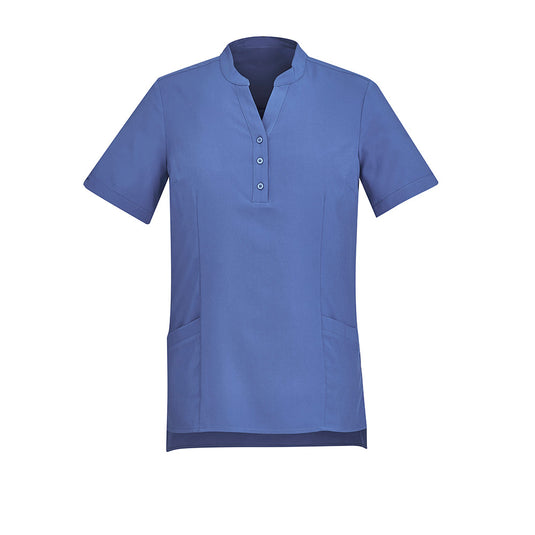 Biz Womens Florence Plain Tunic features a flattering Y-neck with mandarin collar, triangle sleeve cut-outs, and two deep front pockets, offering style and comfort ideal for workplace settings.