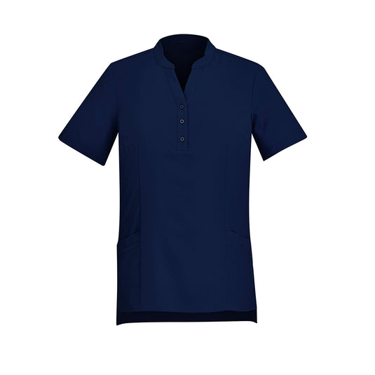 Biz Womens Florence Plain Tunic showcasing a flattering Y-neck with mandarin collar, side splits, and deep front pockets. Tailored for comfort and practicality, it features a straight longer back hem and triangle sleeve cut-outs.