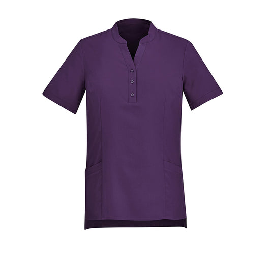 Biz Womens Florence Plain Tunic featuring a Y-neck mandarin collar, longer hemline, side splits, and deep front pockets, designed for comfort and style with breathable, easy-care fabric and triangle sleeve details.