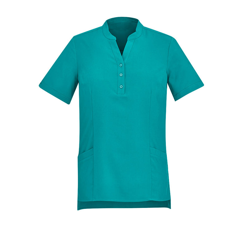 Load image into Gallery viewer, Biz Womens Florence Plain Tunic showcasing a Y-neck open mandarin collar, longer hem with side splits, two deep front pockets, and triangle sleeve cut-outs, designed for style, comfort, and workplace functionality.