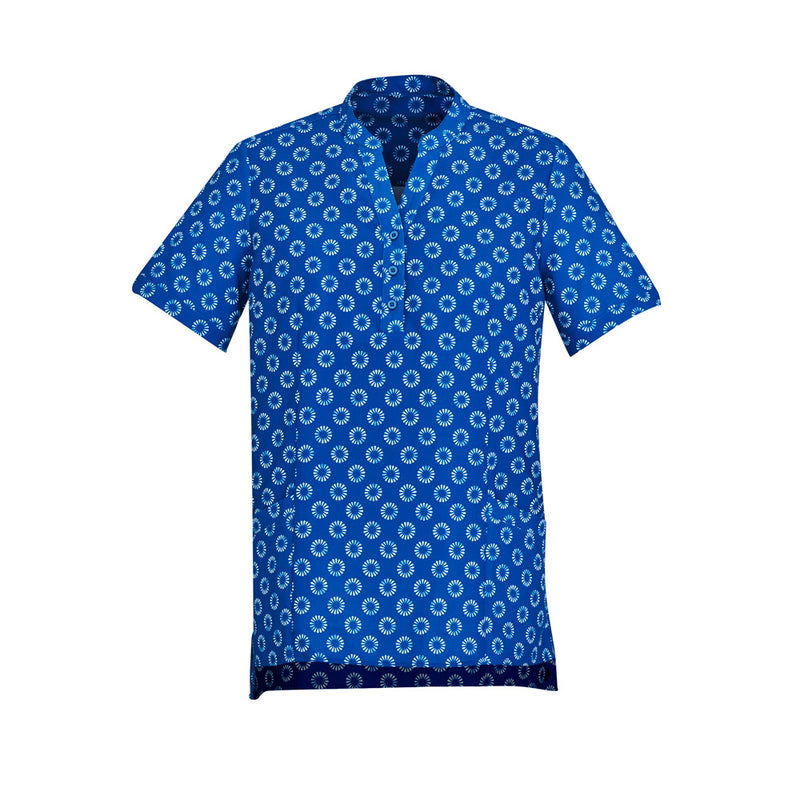 Load image into Gallery viewer, Biz Womens Florence Daisy Print Tunic featuring a blue shirt with white floral patterns, short sleeves, a collar, and buttons. Designed for comfort and practicality, ideal for workplace and casual settings.