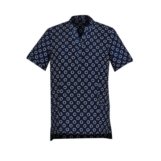 Biz Womens Florence Daisy Print Tunic featuring a stylish blue and white pattern, short sleeves with a hidden bust button, and side splits. Ideal for comfort and function in various climates.