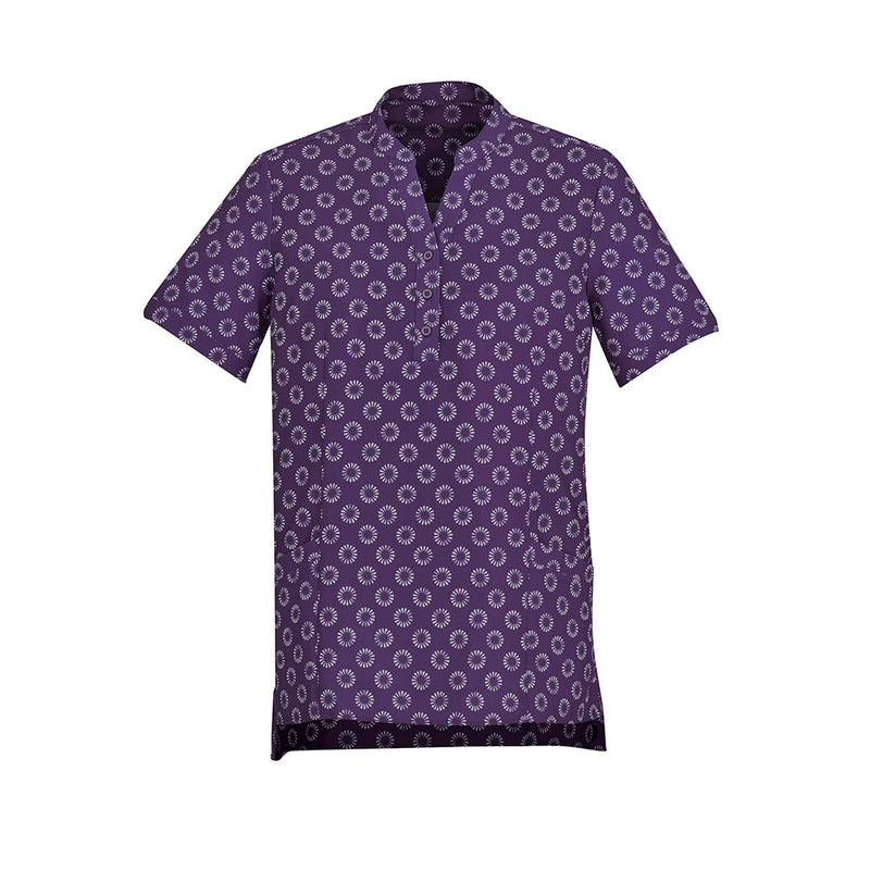 Load image into Gallery viewer, Biz Womens Florence Daisy Print Tunic features a purple shirt with white circular patterns, designed with a stylish collar and sleeves. Ideal for comfort and functionality, it suits various climates and workplace settings.