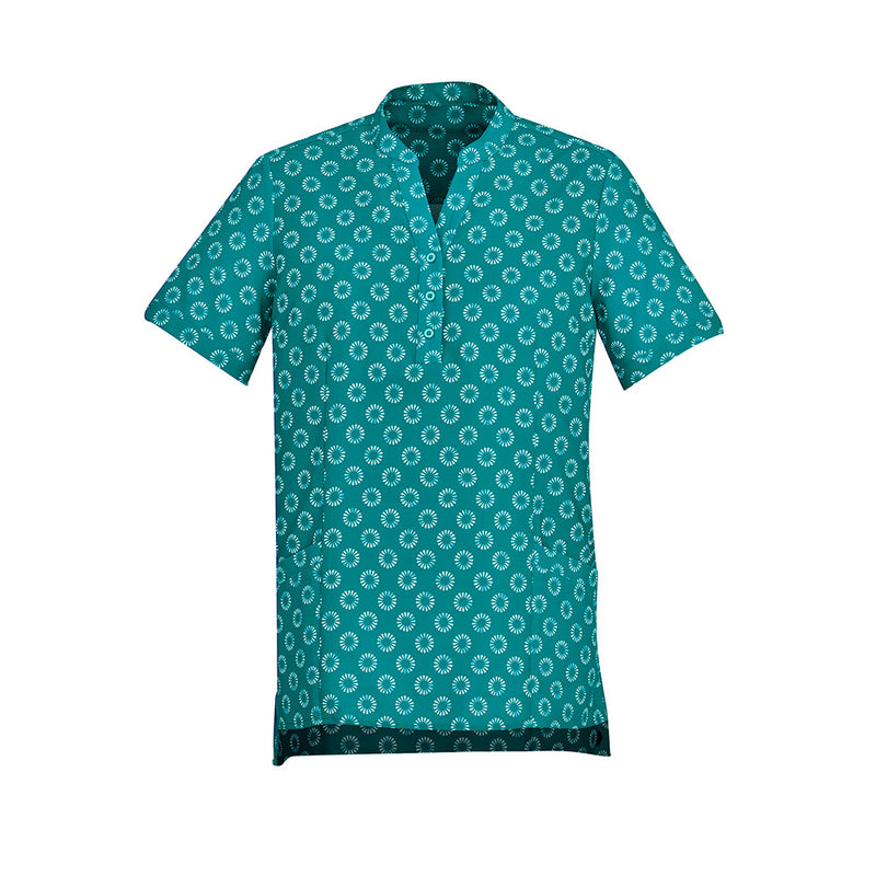 Load image into Gallery viewer, Biz Womens Florence Daisy Print Tunic featuring a stylish green and white pattern, short sleeves, longer hem, and side splits, designed for comfort and easy care, ideal for active work environments.