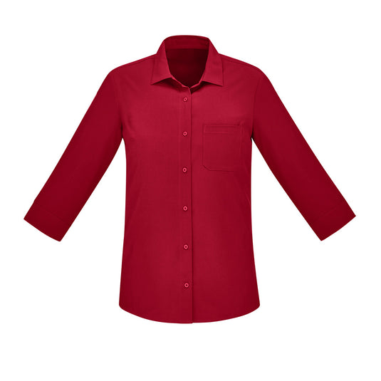 Bizcare Women's Florence 3/4 Sleeve Shirt featuring long sleeves, a collared neckline, and a front pocket, made from breathable, lightweight fabric ideal for workplace comfort and safety.