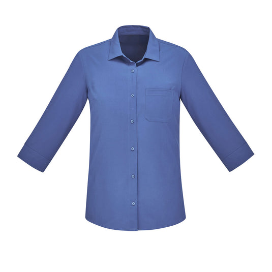 Bizcare Women's Florence 3/4 Sleeve Shirt, featuring a blue long-sleeve design with collar and buttons, includes practical pockets and a breathable, soft fabric, ideal for workplace comfort and style.
