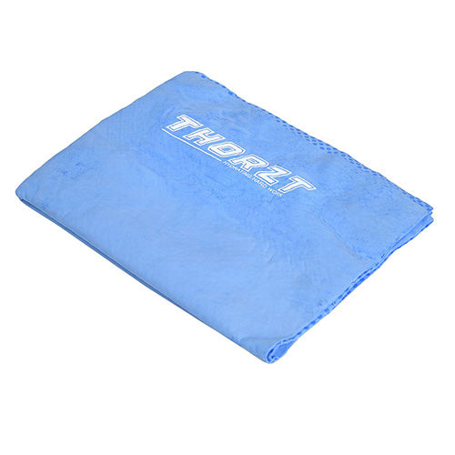 Thorzt Chill Skinz Cooling Towel featuring bold white text on an electric blue surface, designed for extended cooling without refrigeration, ideal for workplace safety and comfort from Active Safety.